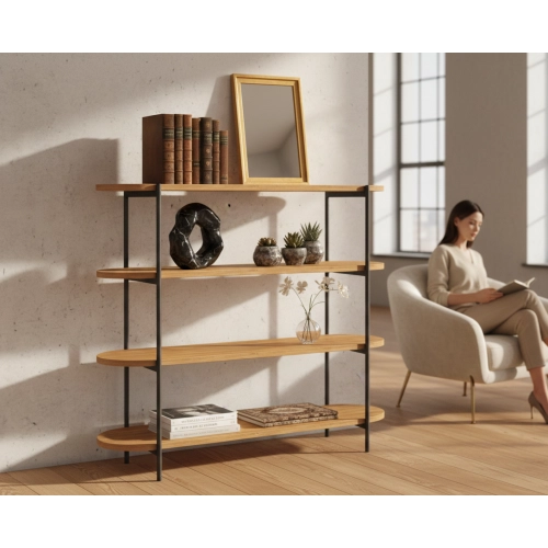 REGAŁ NA KSIĄŻKI 4 POZIOMOWY METALOWY DREWNO LITE DĄB JESION OLCHA  RNK-190